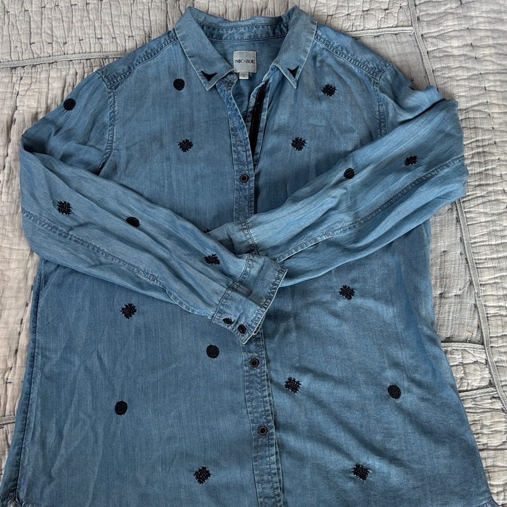 NIC+ZOE Blue Denim Button-Up with Black Embroidered Dots